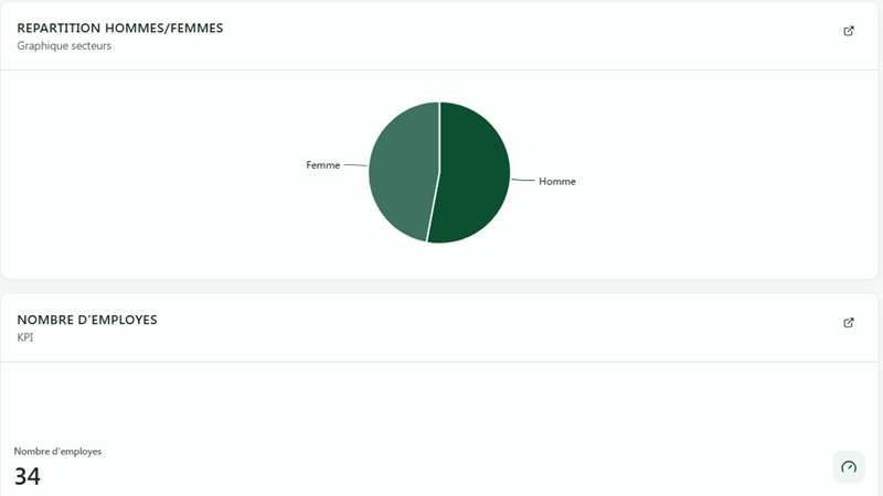 Le dashboard personnalisé présente la répartition femmes-hommes et un effectif de 34 employés