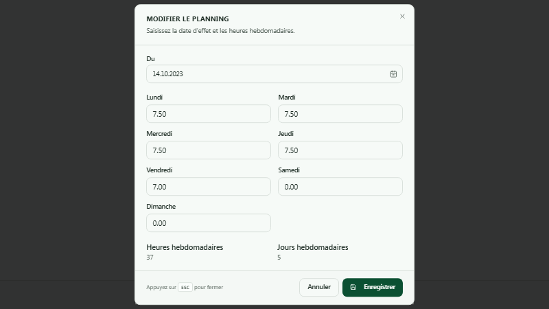 Le dossier collaborateur présente son taux d'activité et son organisation hebdomadaire