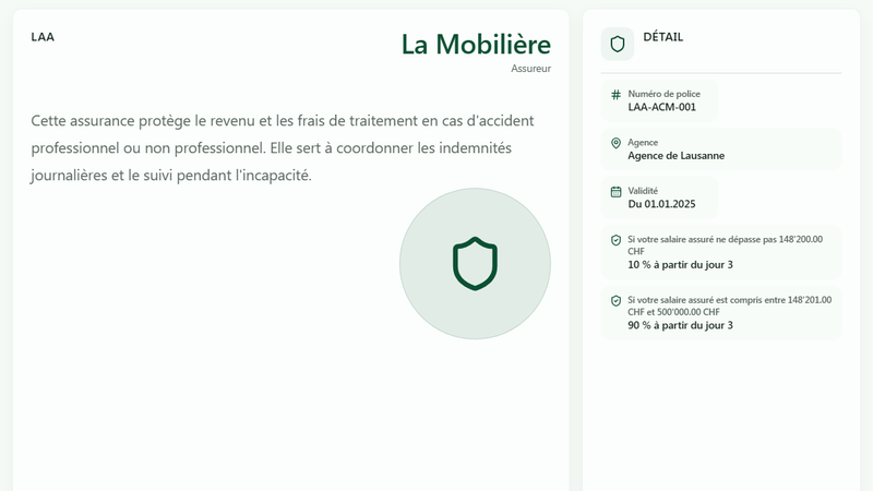 L'espace Personnel présente les assurances applicables au collaborateur